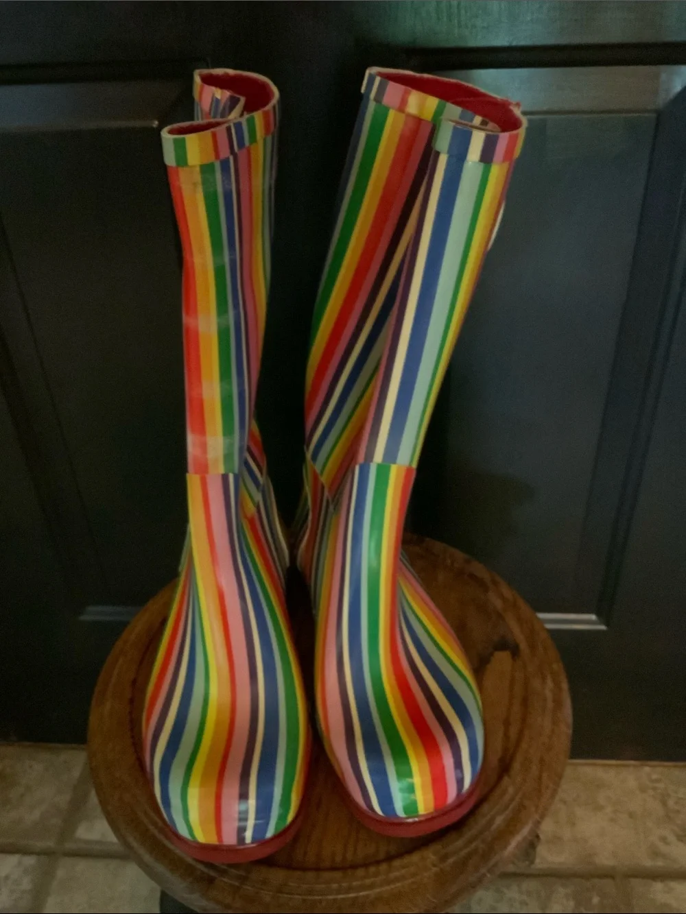 JC Rubber Boots Rainbow VerticalStripes Whimsical Fun Rainboots Size 7 Women’s
